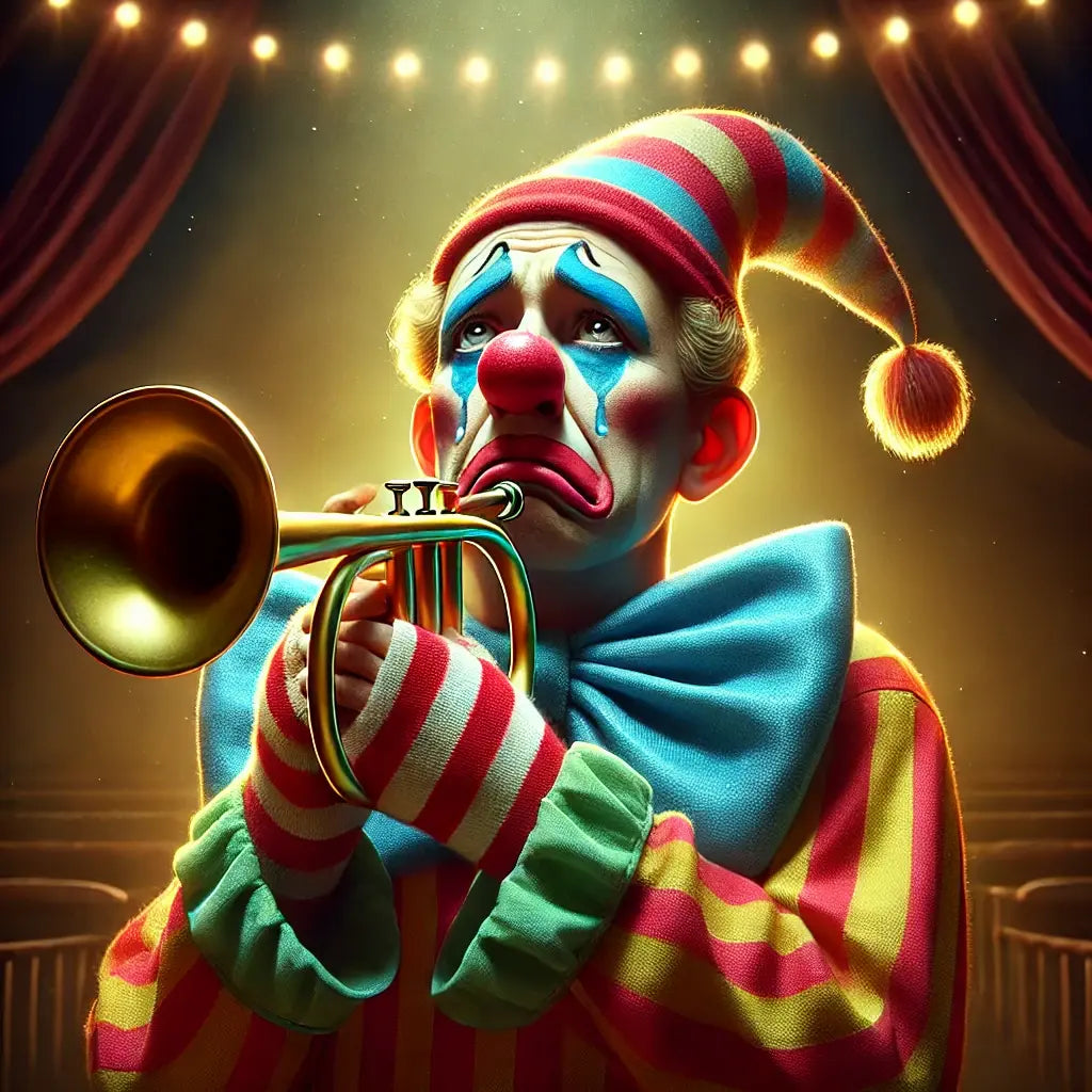 Ein trauriger Clown mit einer Trompete in der Hand